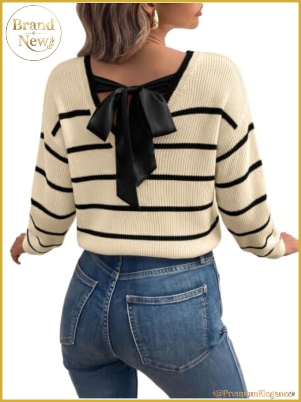 Women's Striped V-Neck Long Sleeve Bow Knot Pullover Sweater